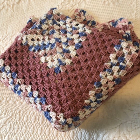 Smaller Blue & Rose Crocheted Blanket Throw - Picture 2 of 5